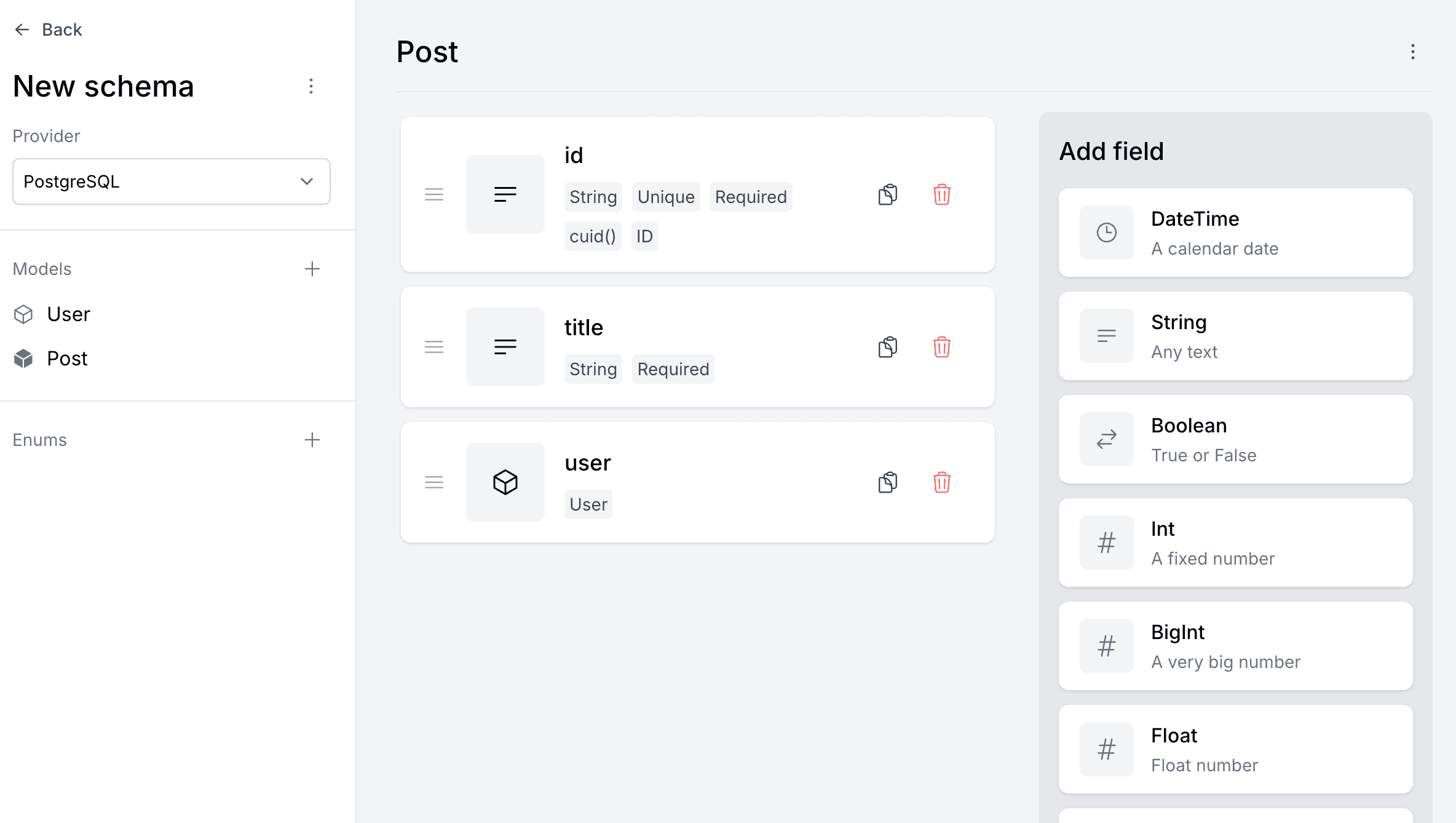 PrismaBuilder.io — defining the relation on the Post model, pointing to User