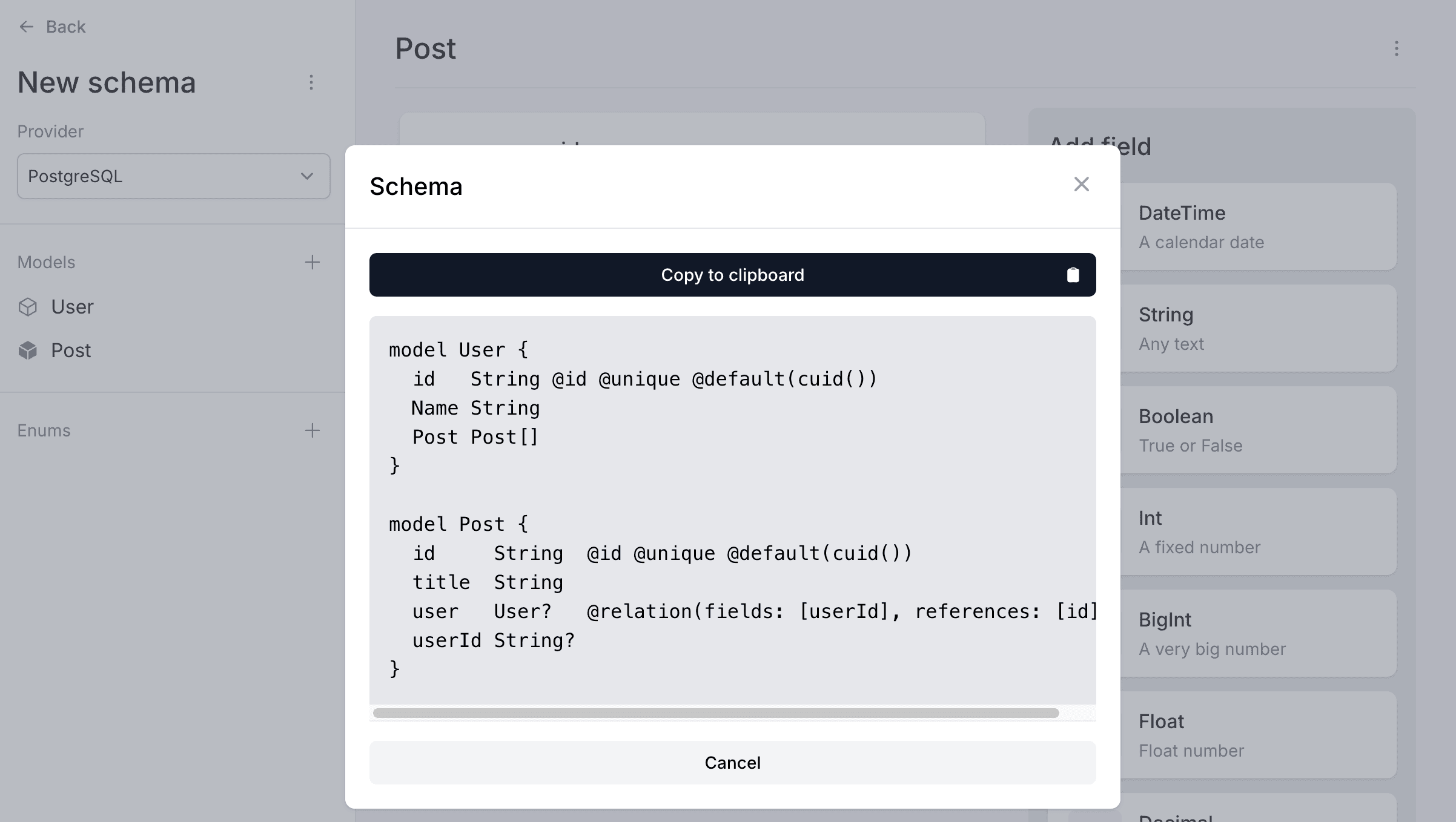 PrismaBuilder.io — generated complete schema with User and Post models and the one-to-many relationship