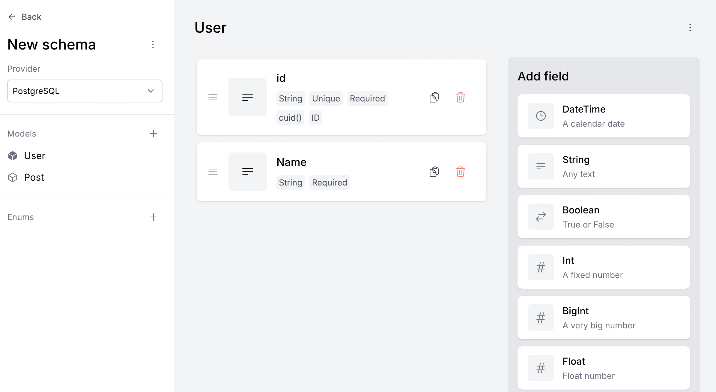 PrismaBuilder.io — the User model with no relation fields defined manually